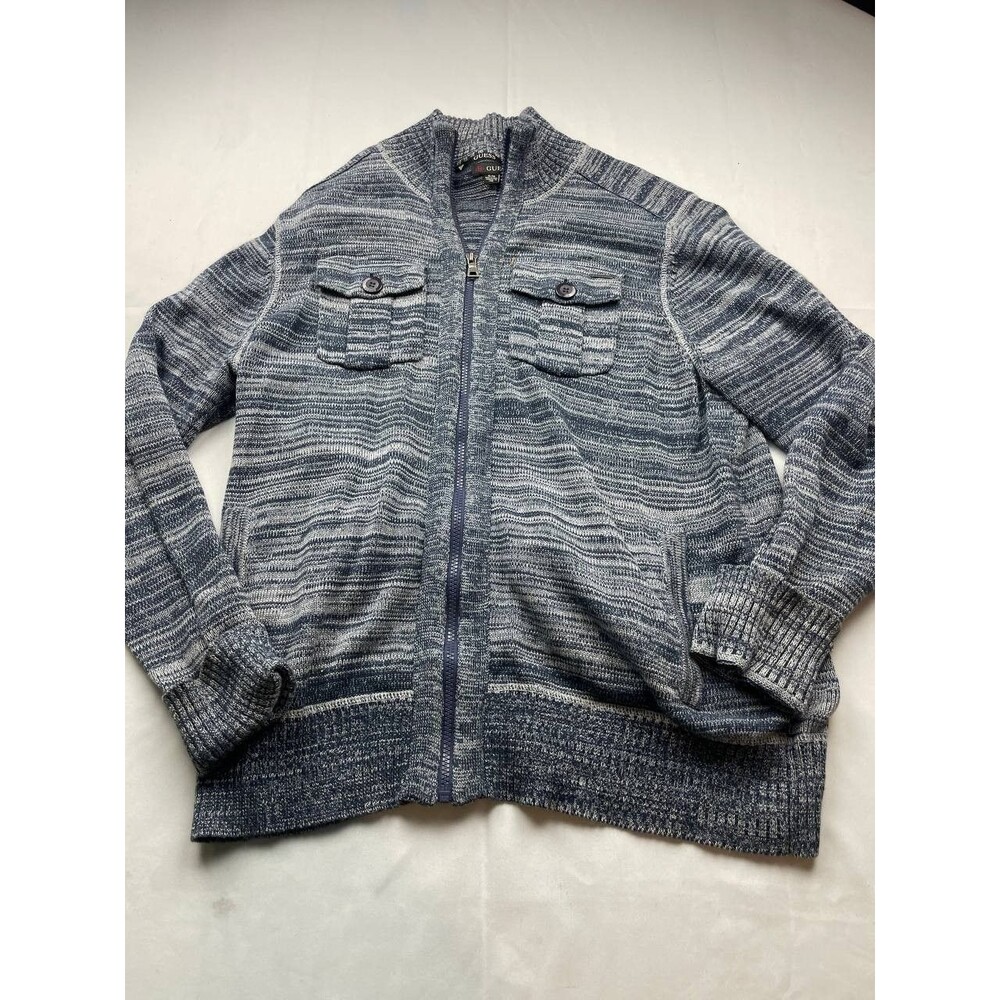 GUESS Sweater Jacket‎ Mens Size XL Blue Full Zip Mock Neck Ribbed Cardigan